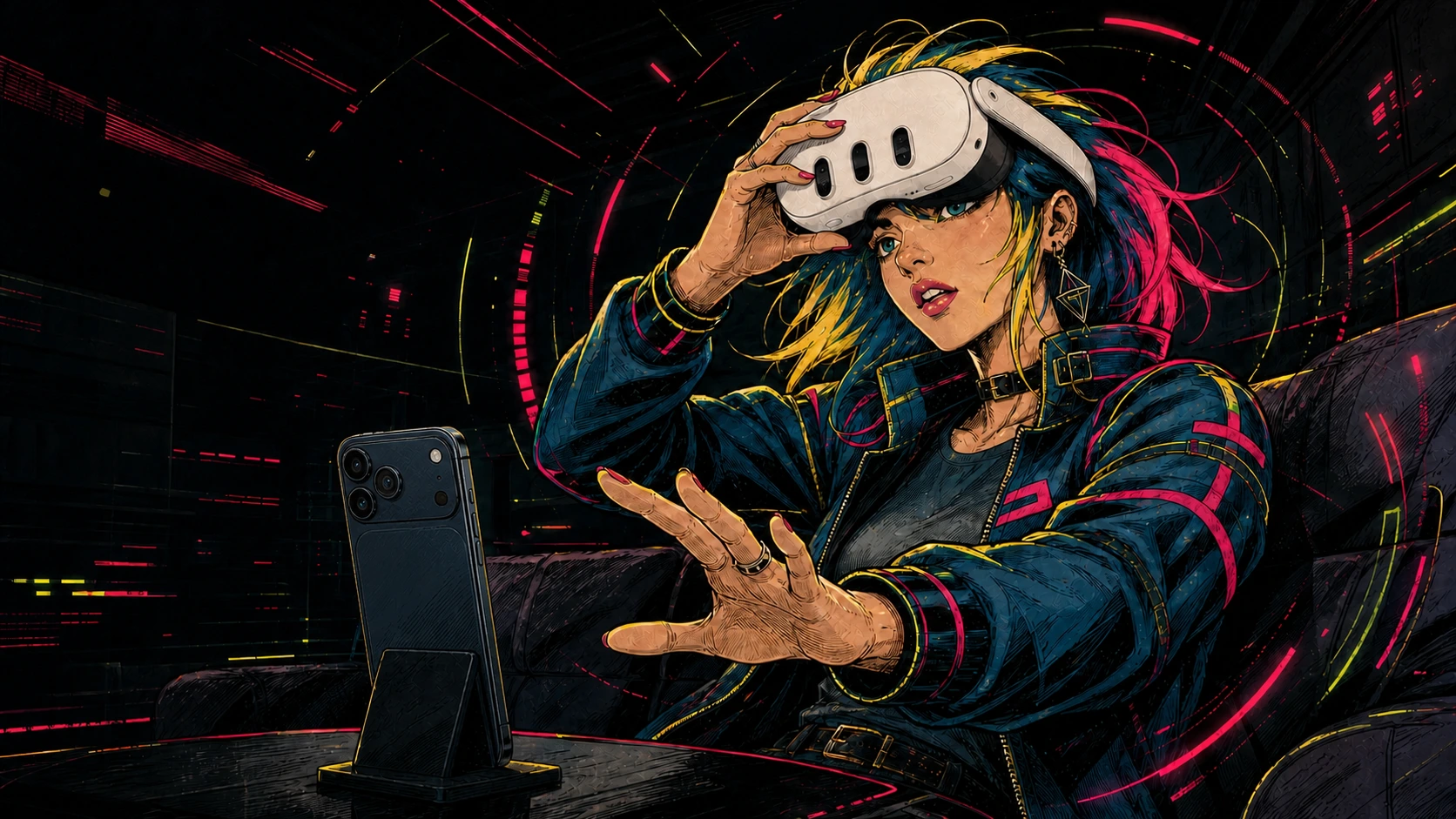 A VR user lifting the headset to look down at a phone