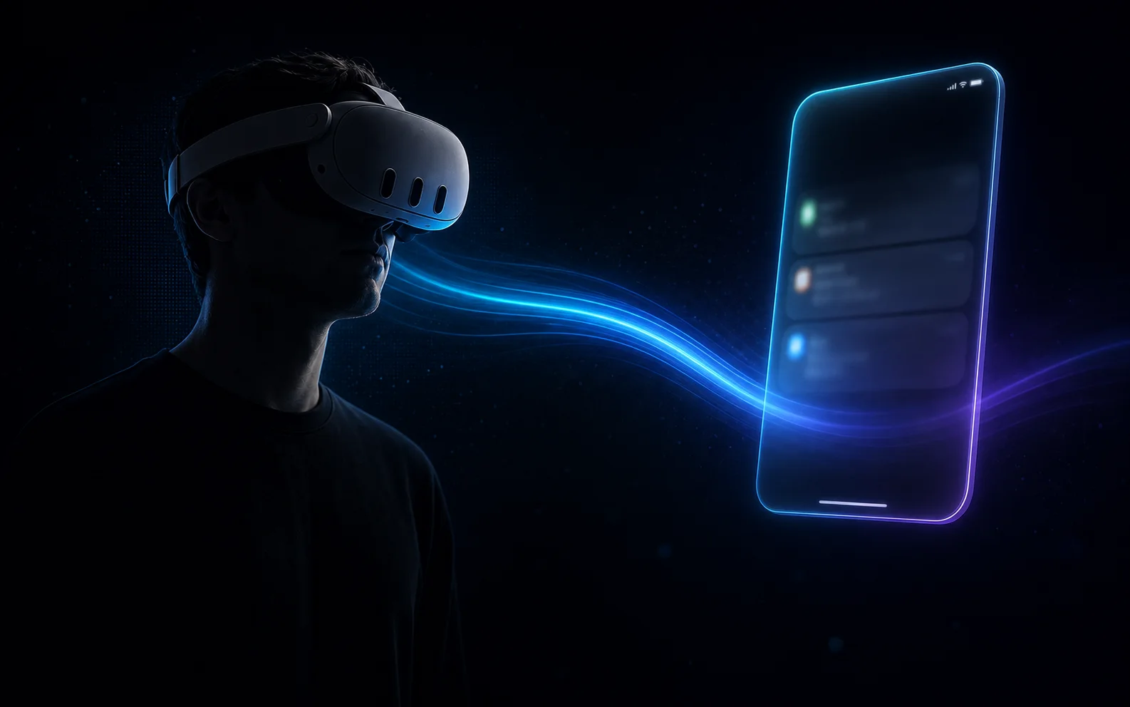 A VR user viewing a floating phone screen inside a dark spatial environment